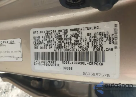 2003 Toyota Camry Le/Se/Xle z USA, uszkodzony, nr VIN 4T1BE30K53U147825